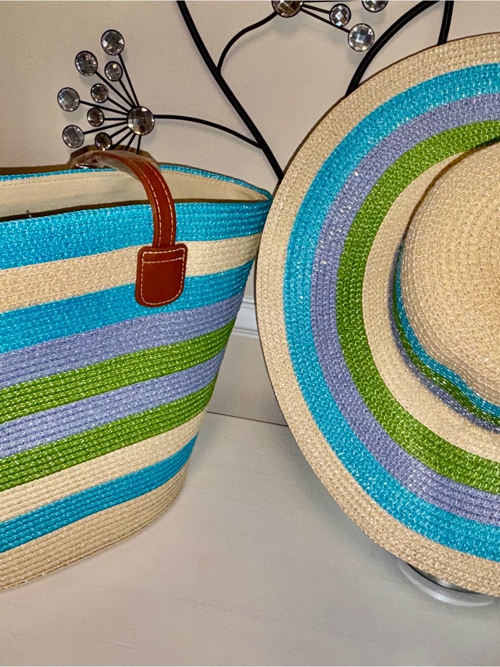 Striped Straw Sun Hat and Tote Set in Turquoise, Lavender, Lime, and Natural